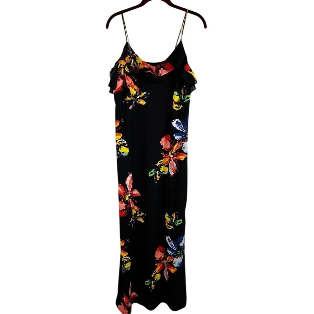 Colorful Floral Tank Maxi Dress Black M Tropical Resort Ruffle Feminine Chic